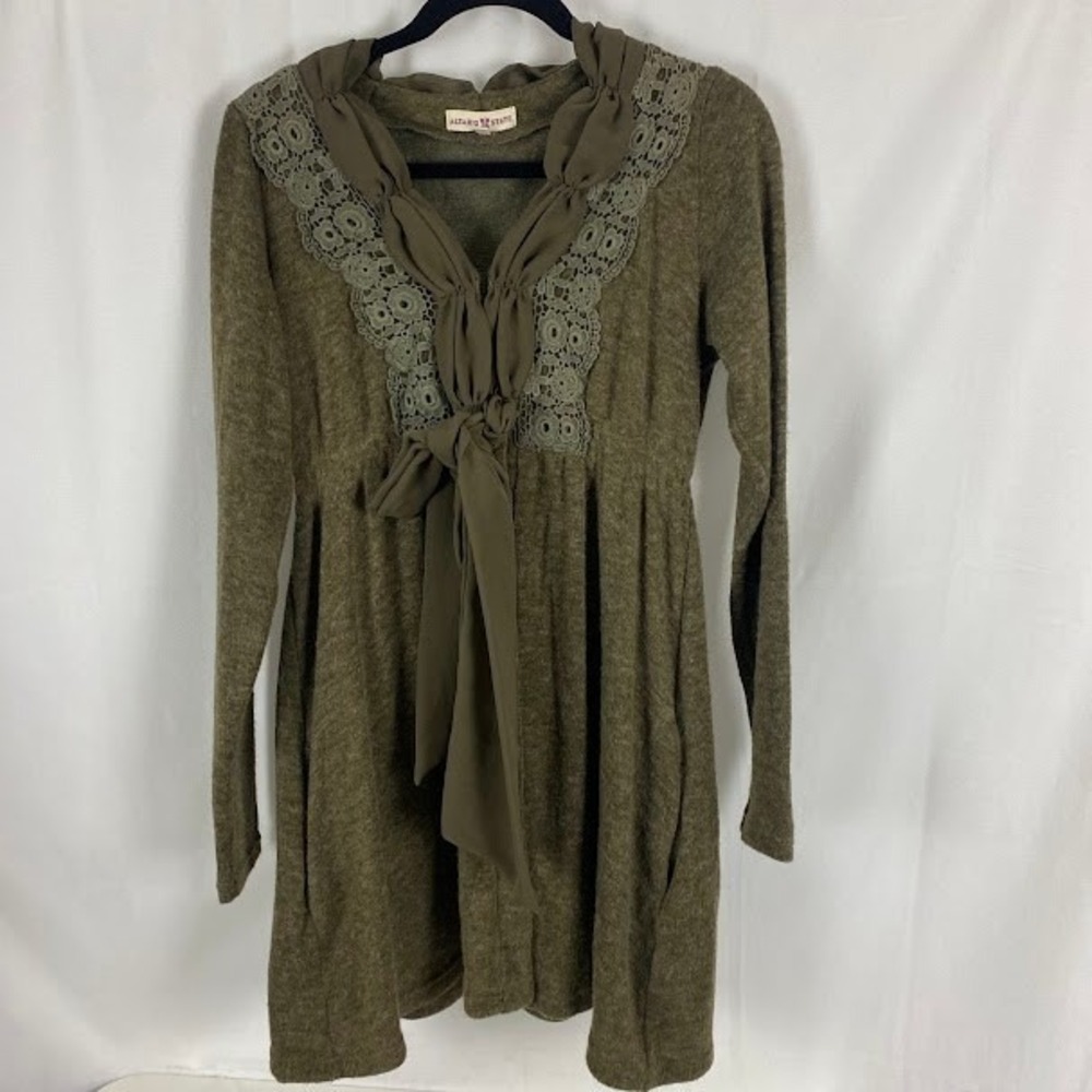 Altar'd‎ State Olive Green Crochet Lace Tie Front Long Sleeve Mini Dress Boho